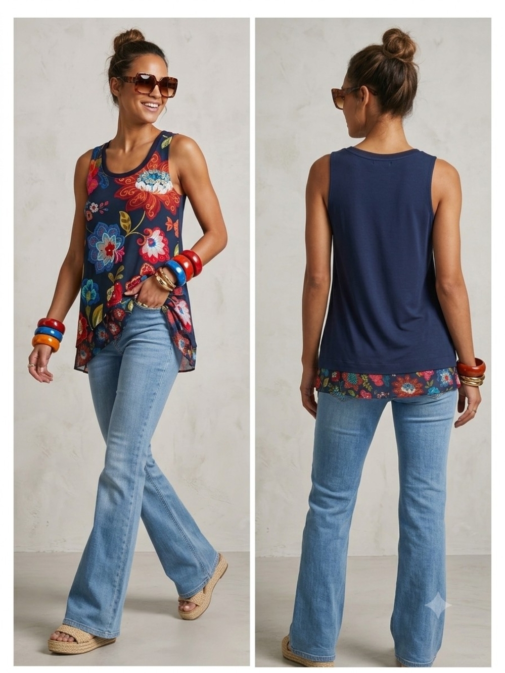 Desigual Floral Navy Asymmetrical Hem Scoop Neck Tank XS